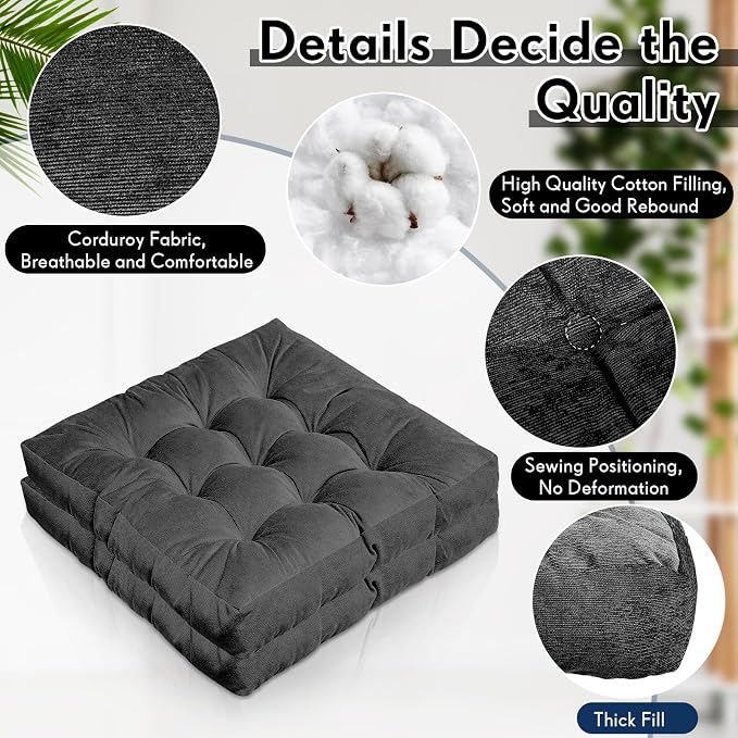 Jerify 4 Pcs Floor Pillow Cushions Large Round Square Large Meditation Floor Pillow for Classroom Adult Meditation Picnic Party Seating Learning Daycare School (Square,Dark Grey)