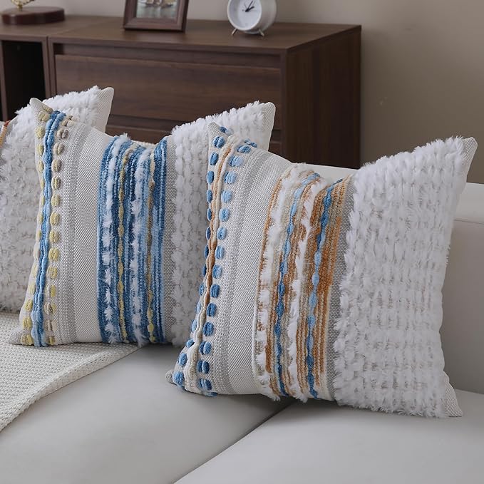 Boho Throw pillow covers 18x18 set of 2 farmhouse decorative Couch pillow covers neutral Accent throw pillows covers striped outdoor cushion covers square textured chenille pillow cases for sofa bed
