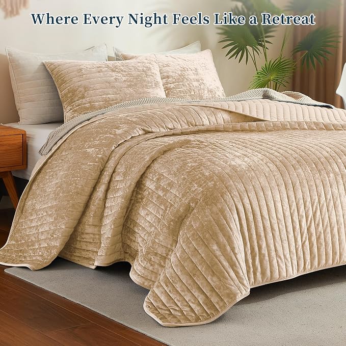 Luxury Soft Velvet Quilt Set Queen Size - Lightweight Velvet Bedding Set for All Season, Oversized Bedspread Coverlet Comforter Set with 2 Pillow Shams, Beige Brown, Striped