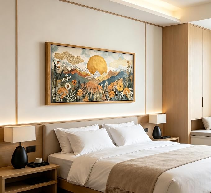 Vintage Framed Large Abstract Mountain Wall Art,Horizontal Boho Nature Landscape Canvas Print,Daisy Sun and Flowers Picture Poster,Japanese Orange Painting Artwork for Bedroom Living Room Office