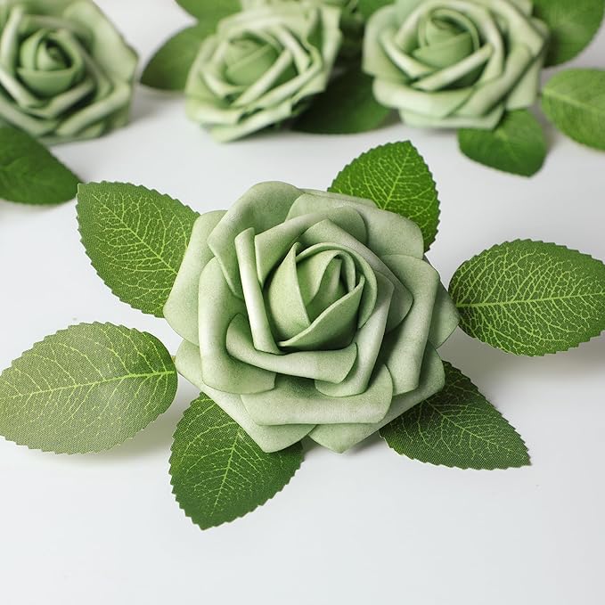 Mocoosy 50Pcs Rose Artificial Flowers, Sage Green Fake Roses for Decorations, Real Touch Elf Green Foam Roses with Stems DIY Wedding Bouquet Bridal Shower Centerpieces Floral Arrangements Home Decor