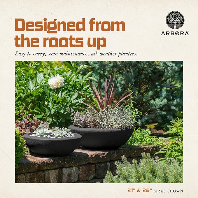 ARBORA 21" Santorini Bowl Polyresin Indoor and Outdoor Planter with Classic Black Finish - Durable, Weatherproof, Lightweight, Large Plant Pot for Patio, Garden, Deck, Entryway