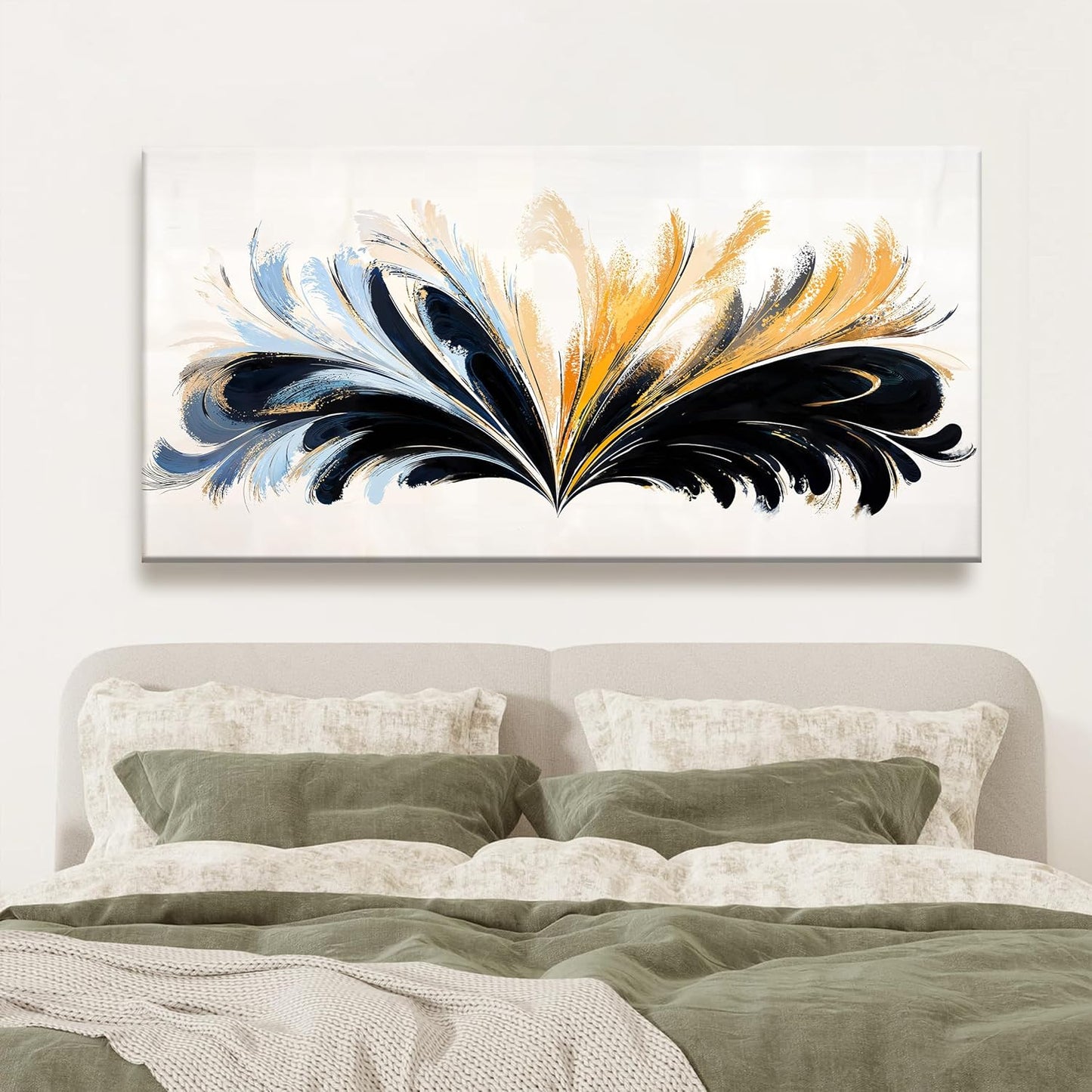 QSQ Modern Canvas Art Wall Decor Painting Black And Gold Abstract Wall Art For Living Room Blue Feather Graffiti Abstract Wall Decor Prints Artwork For Bedroom Office Home Wall Decoration 24" X 48"