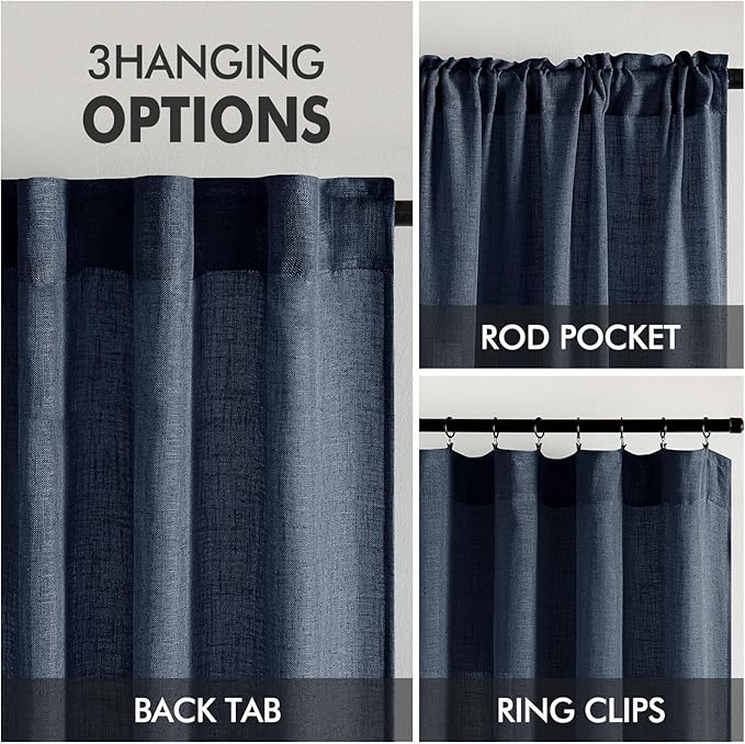 MIULEE Navy Blue Linen Curtains 84 Inch Length 2 Panels for Bedroom Living Room, Soft Thick Linen Textured Natural Window Drapes Semi Sheer Light Filtering Back Tab Rod Pocket Burlap Look Decor