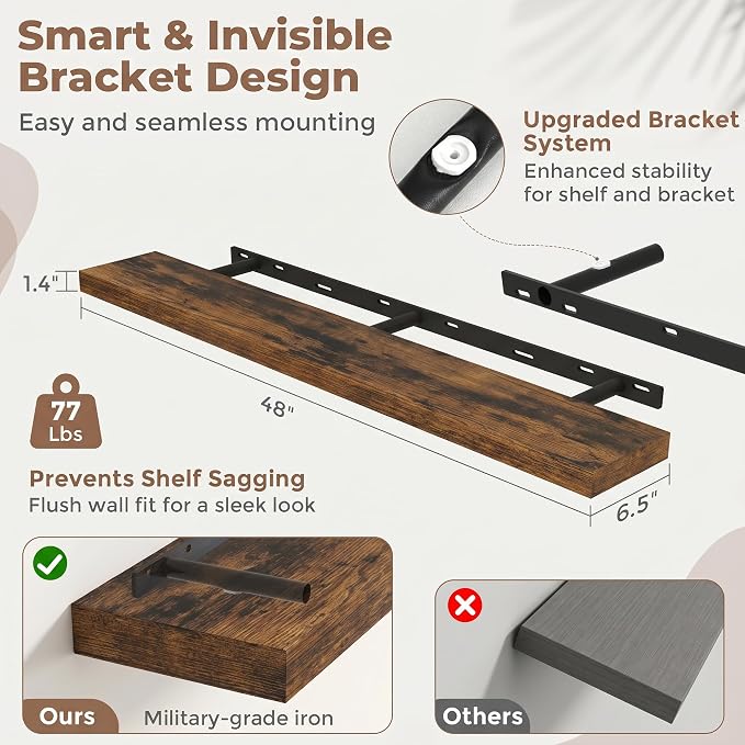 Venusmiles Floating Shelves for Wall, 48 Inch Floating Shelves Set of 1, 6.5" D Wooden Wall Mounted Display Shelves with Invisible Brackets for Living Room, Bedroom, Bathroom, Kitchen Decor, Brown