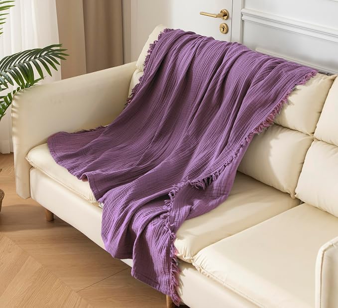 KyraHome 100% Organic Cotton Throw Blanket 60"x80" Large Muslin Blanket for Couch,Pre-Washed Plant Dyed, Breathable Lightweight Gauze Summer Blanket, All Season (Lavender Purple)