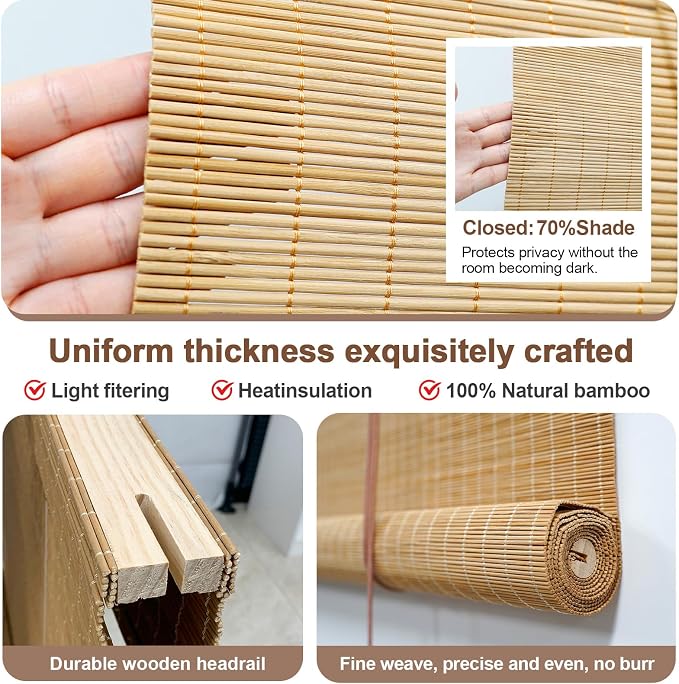No Tool No Drill Bamboo Blinds for Interior Windows, Bamboo Shades for Indoor Windows, Roller Shades for Indoor Window and Outdoor Patio, Easy to Install for Home & Porches