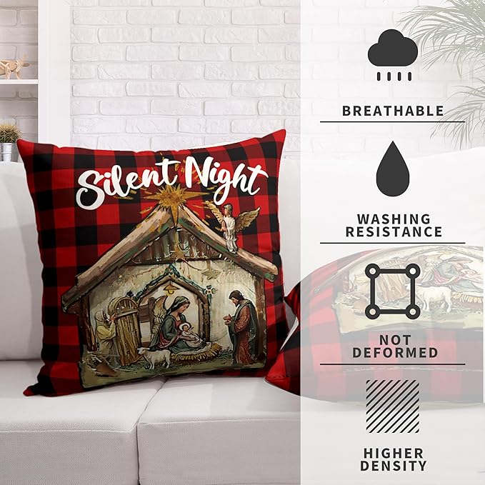 Jesus Nativity Pillow Case Set of 2 Xmas O Holy Night Silent Night Throw Pillow Covers Red Buffalo Plaid Christmas Pillow Covers 22x22 for Living Room Couch Bedroom