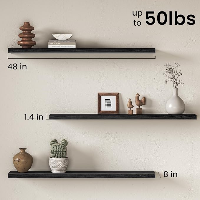 Fun Memories 48 Inch Floating Shelves for Wall 8 Inch Deep Black Shelves Set of 2, Wall Mounted Rustic Wood Long Floating Shelf, Large Display & Storage Shelf with Invisible Brackets