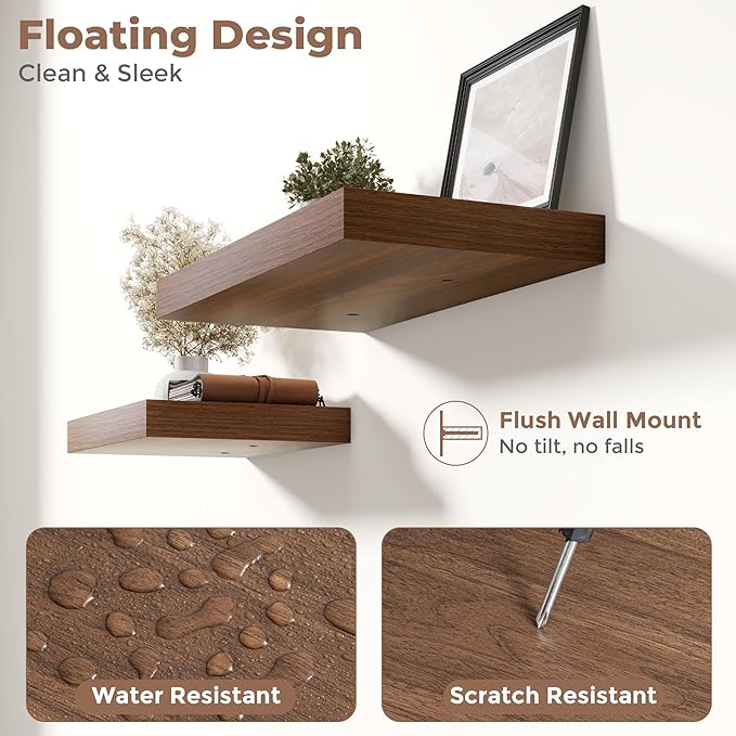 72 Inch Long Floating Shelves for Wall Set of 2, 12"D Wood Grain Bathroom Shelves with Invisible Brackets, Easy Install Engineered Wood Storage Shelves for Kitchen, Living Room, Bedroom, Walnut Finish
