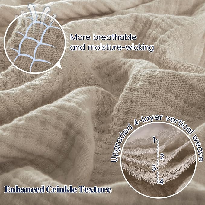 PHF 100% Cotton Muslin Throw Blanket 50" x 60", 4-Layer Lightweight Gauze Throw, Breathable Cloud-Soft Minimalist Blanket for Bed, Couch, Camping, Taupe, Ideal Gift