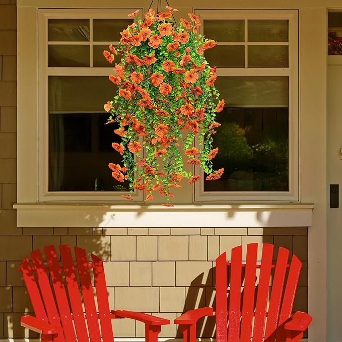 LikSoor 4 Pcs Artificial Outdoor Hanging Plants Fall Decoration UV Resistant Faux Silk Flowers for Outside, Garden, Porch, Window, Home Decor(Orange)