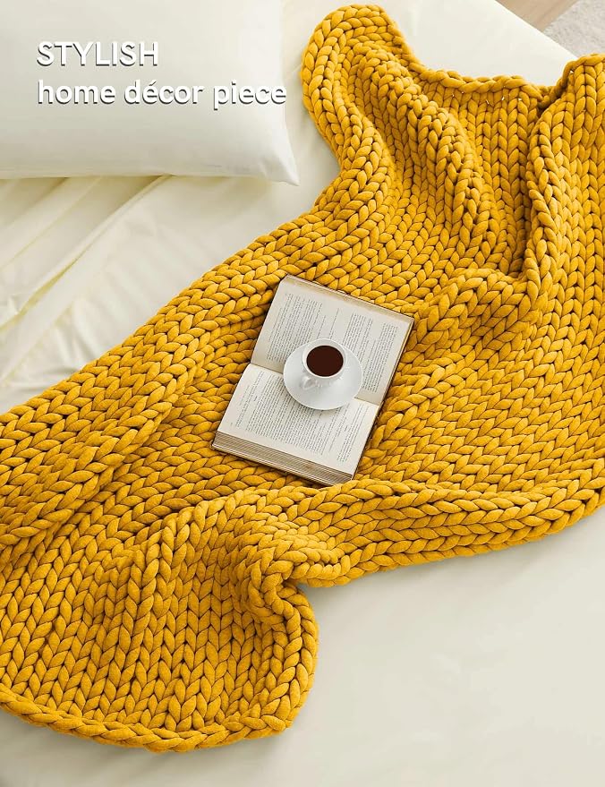 YnM Chunky Throw Blanket, Medium-Weight, Hand Knitted, Skin Friendly, Ventilated and Breathable, Machine Washable, Home Décor Piece for Couch, Sofa and Bed (Yellow Fusion, 40x50 Inch)