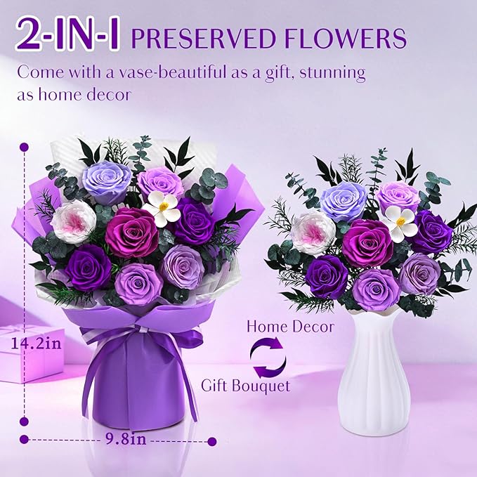 Forever Rose Flowers for Delivery, 8-Piece Preserved Roses Bouquet Birthday Gifts for Women, Long Lasting Purple Roses with Gift Box for Mom, Forever Flowers with Vase for Her Wife Girlfriend