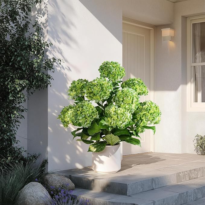 2 Pack Fake Flowers Trees UV Resistant Artificial Hydrangea Plants Indoor Outdoor Realistic Floor Plants Large Faux Plastic plantas in Pot for Home Porch Garden Office Porch Patio Front Bonsai Decor