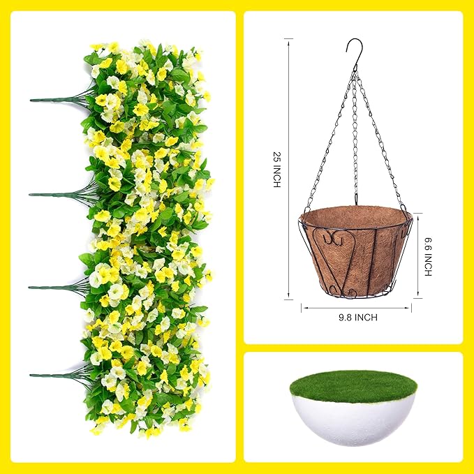 INXUGAO Artificial Flowers with Hanging Basket, Outdoor Faux Plants Silk Morning Glory Vines, Fake Green Arrangement for Garden Patio Spring Summer Decor(4pcs,Yellow White)