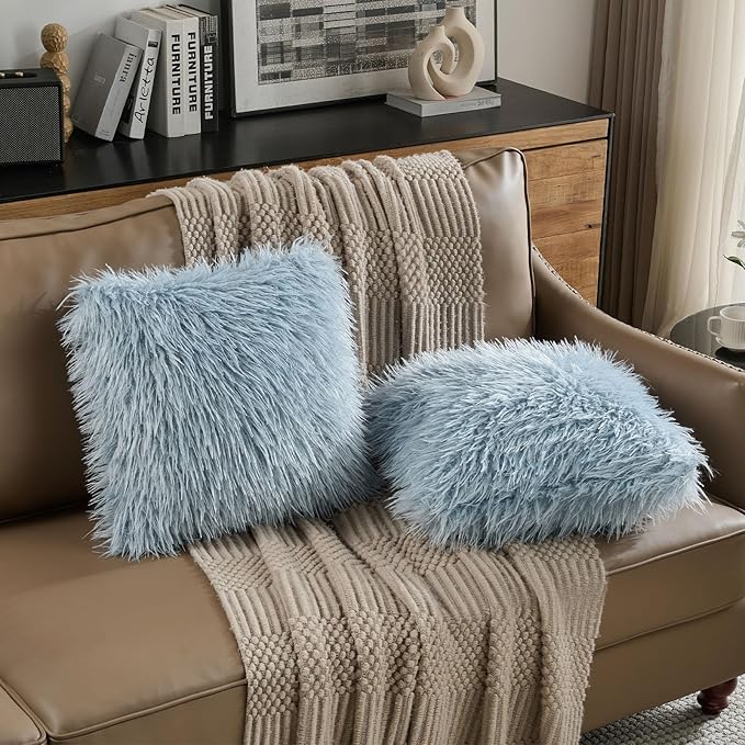 FUTEI Pack of 2 Shaggy Mongolian Faux Wool Throw Pillow Covers 18x18 Inch Soft Decorative Cushion Case for Couch Bed Living Room, Dusty Blue