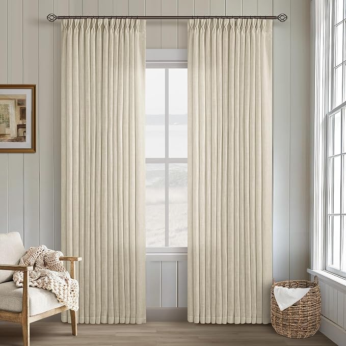 TWODRAPES Neutral Linen Pinch Pleated Curtains Long 2 Panels Living Room Bedroom Memory Training Shaped Semi Sheer Beige Oatmeal Pleat Drapes with Hooks Rings Light Filtering Window Curtain 40x84