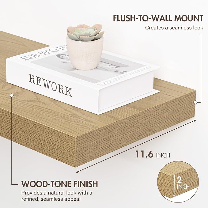 Acovy 72 Inch Floating Shelves, 12" Deep Floating Shelf Wall Mounted, 72" Wall Shelves, Rustic Deep Bookshelf, Extra Deeper & Thicker Display Shelves for Bedroom, Living Room, Oak, Set of 1