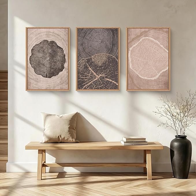 HOURIA Neutral Brown Tree Rings Framed Canvas Wall Art Set,Vintage Abstract Dark Gray Wood Stump Wall Decor,Modern Minimalist Wood Grain Slice Artwork for Living Room,Bedroom,Farmhouse- 24"x36"x3