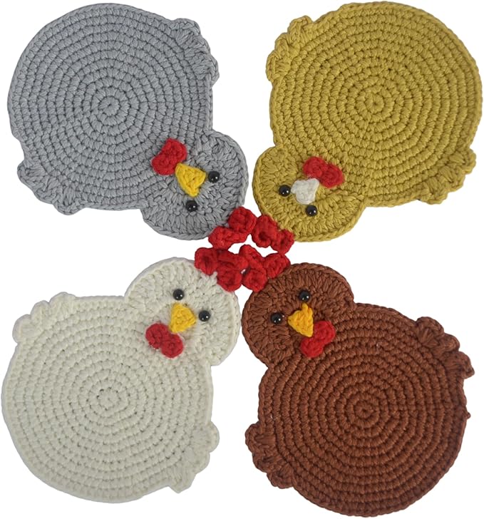 Handmade Crochet Chicken Coasters Set of 4, Stuffed Animal-Themed Drink Coasters, Cute Desk Accessories, Home Decor, Tabletop Protection, Crazy Chicken Lady Must Have (Style 2)