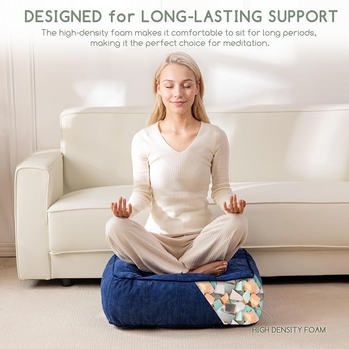 HIGOGOGO 6" Extra Thick Floor Pillow Cushion for Adults, Meditation Cushion Pillow with Handle, Lustrous Chenille Tufted, Square Floor Sitting for Tatami Living Room or Yoga, 22x22 Inch, 2Pack, Navy