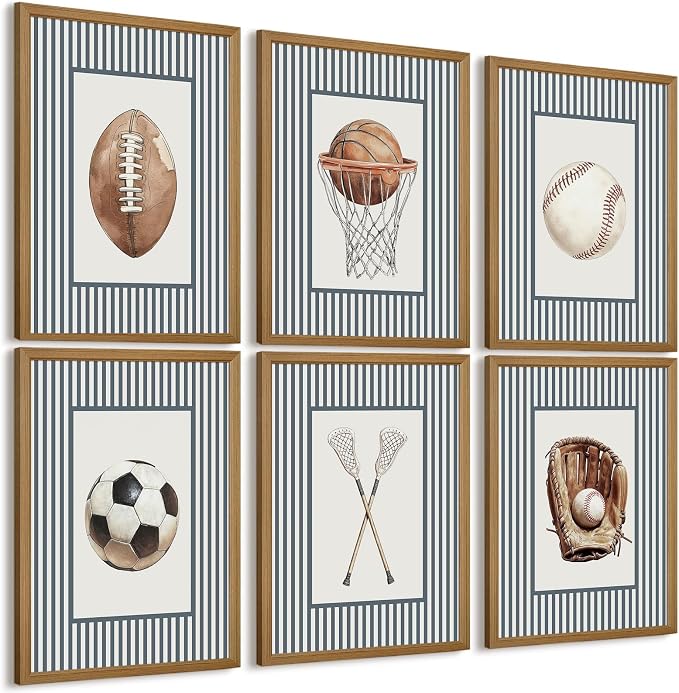 Sports Wall Art Decor Toddler Boys Room Canvas Prints Vintage Sports Nursery Wall Decor Baby Kids Poster Football Baseball Pictures Basketball Soccer Artwork for Children Bedroom 12x16x6 Inch Framed