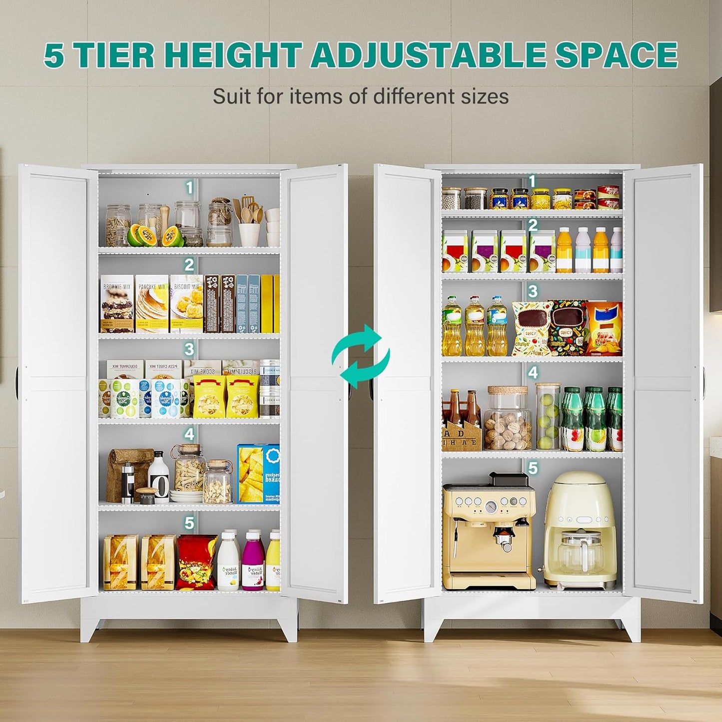 75" Tall Pantry Cabinet,Farmhouse Kitchen Pantry Storage Cabinets with 2 Doors and 5 Shelves,White Metal Storage Cabinet,Large Cupboard for Home,Kitchen,Dining/Living Room