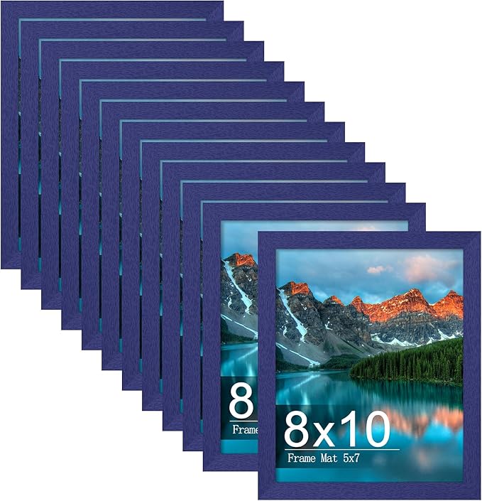 Picrit 8x10 Picture Frame Set of 12, Display 5x7 with Mat or 8x10 without Mat, Photo Frames for Wall Mounting or Table Top Display, Navy Blue