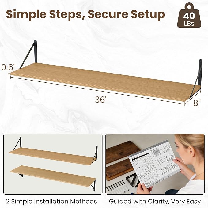 Vivelove 8 Inch Deep Floating Shelves for Wall, 36W x 8D Wood Wall Shelves Set of 2, Rustic Oak Wide Floating Bookshelf for Living Room, Kitchen, Office, Bedroom, with Black Metal Bracke - Oak