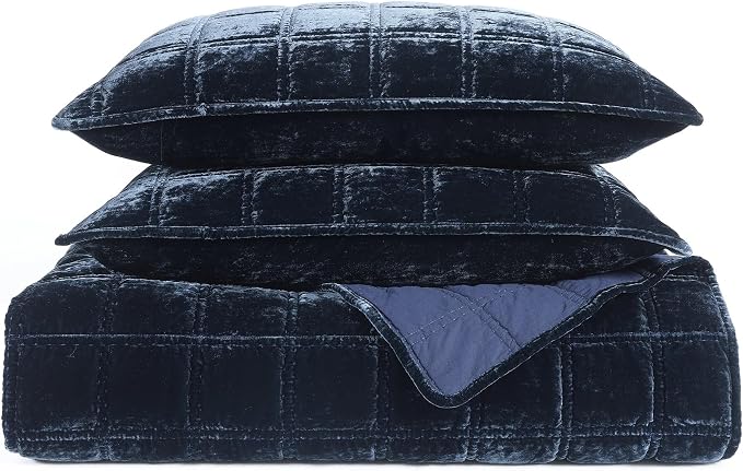 HiEnd Accent Stella Faux Silk Velvet Double Box Stitch 3 Piece Quilt Set, Full Queen Size, Midnight Blue Solid Color, Classic Chic Modern Rustic Elegant Bedding Set, Lightweight Bed Set