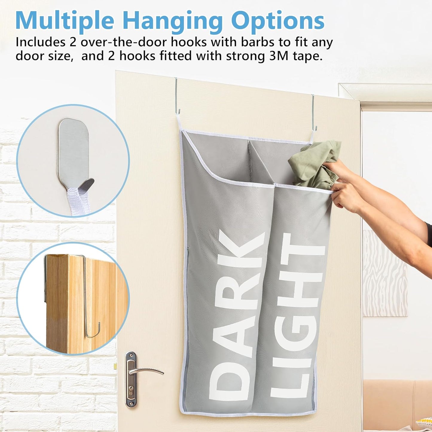 Hanging Laundry Hamper Bag XL 40x22", Space Saving over the Door Storage Bags, Behind the Door Hampers for Dirty Clothes & Wall Mounted Basket for Bathroom, Organizer for Small Room Spaces RV