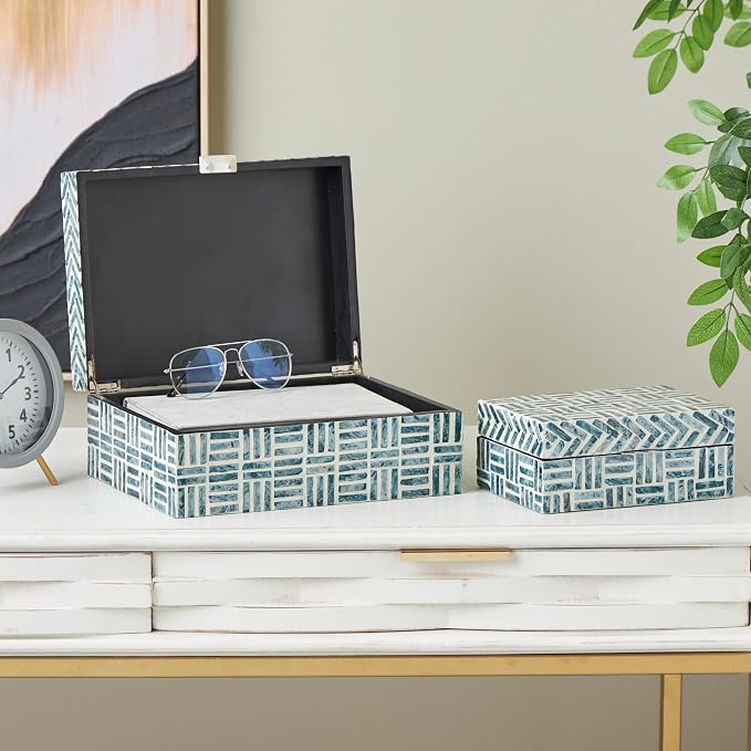 Deco 79 Mother of Pearl Shell Geometric Handmade Decorative Box Mosaic Storage Decorative Keepsake Box with Cream Underlay, Set of 2 Storage Box 12", 8"W, Blue