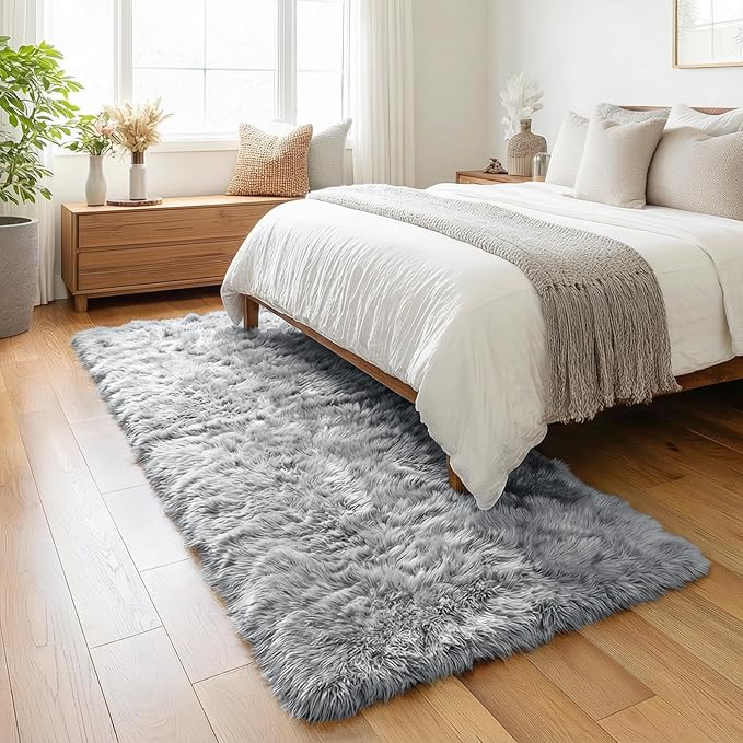 PAGISOFE Grey Runner Rugs for Hallway 2x6 Ft, Super Soft Fluffy Rug Home Decor Aesthetic, Fuzzy Plush Long Bedside Rugs, Plush Shag Carpet for Bedroom, Kids Room, Teen Dorm Nursery Room Decor