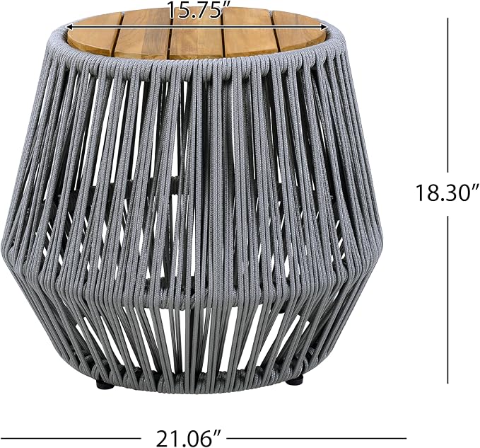Christopher Knight Home Norshire Outdoor Side Table with Rope Base, Acacia Wood End Table, Round Patio Table, Accent Table for Garden Balcony Poolside and Indoor Use, Garden Stool, Beige+Light Teak