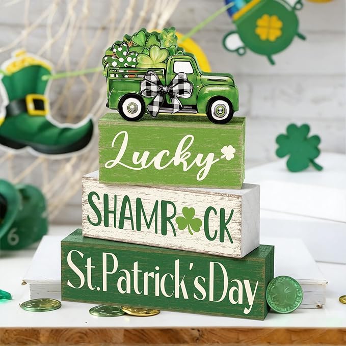 Marsui 4 Pcs St Patrick's Day Table Decorations Green Shamrocks Wooden Signs Block Farmhouse Irish Tiered Tray Decor Rustic St. Patrick's Day Table Centerpieces for Home Office Desk Shelf Mantel Decor