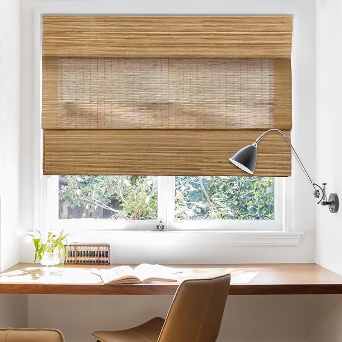 LazBlinds Custom Size Cordless Bamboo Roman Shades, Carbonized | Natural Light Filtering Bamboo Window Blinds, Bamboo Blinds for Bedroom Living Room Office Indoor