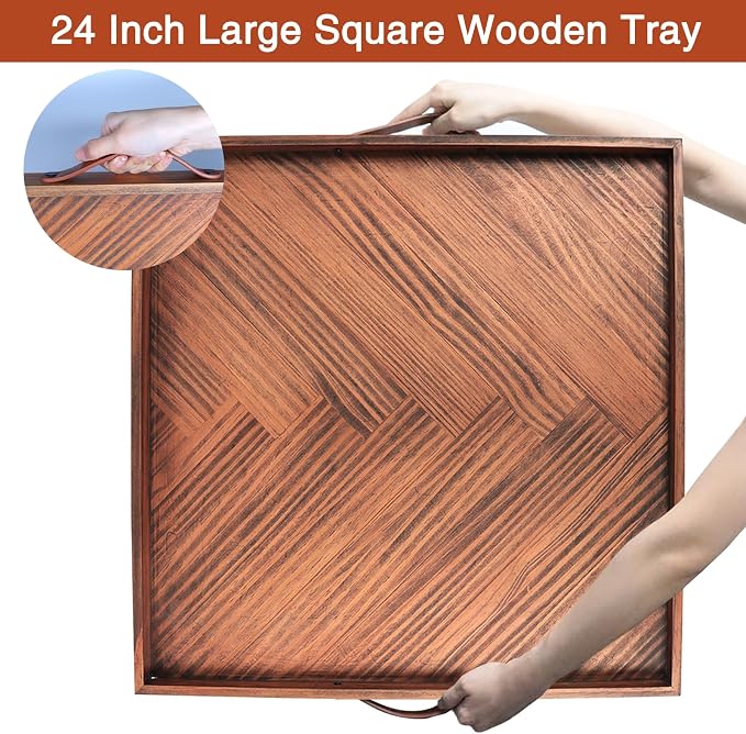 SXNOWS Wooden Serving Tray with Leather Handles, 24x24 in | Large Square Wood Tray,Perfect for Ottoman Coffee Table Living Room and Kitchen, Rustic Gift for Home Decor