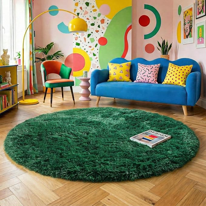 Amdrebio Dark Green Fluffy Round Rugs 5Ft for Bedroom, Thick Floor Circle Rug for Kids, Teens Room Decor, Furry Shag Area Rug for Living Room, Baby Nursery, Dorm, Fuzzy Plush Fur Emerald Green Carpet