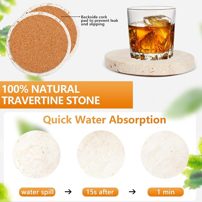 4Pcs Travertine Coasters with Nature Limestone Material and Gold Metal Holder, 4”Diameter Round Shape Bar Coasters Set with Cork Pad for Housewarming Christmas Birthday Gift