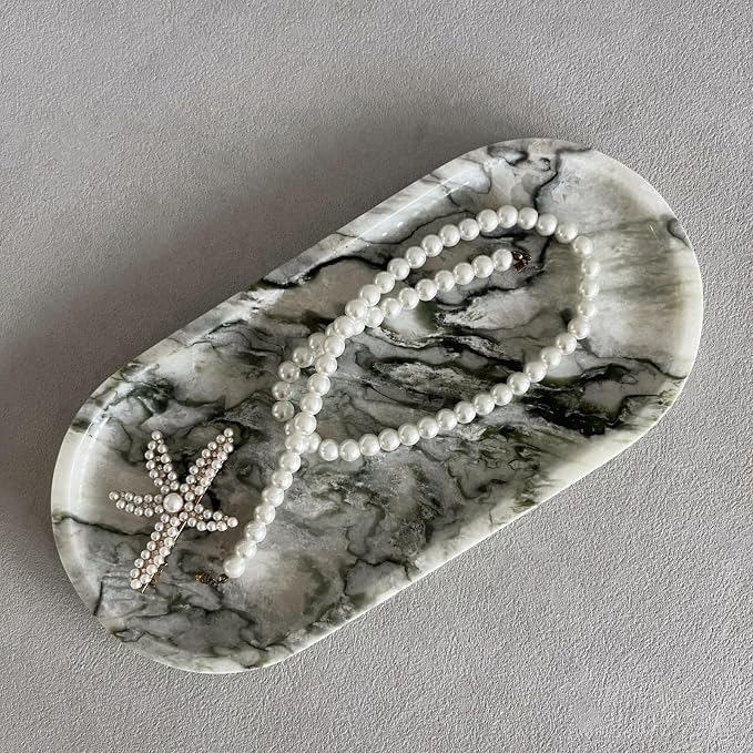 Natural Marble Oval Tray Ornaments Vintage Small Tray Storage Dish for Counter, Vanity, Dresser, Nightstand and Desk (Green Emerald)