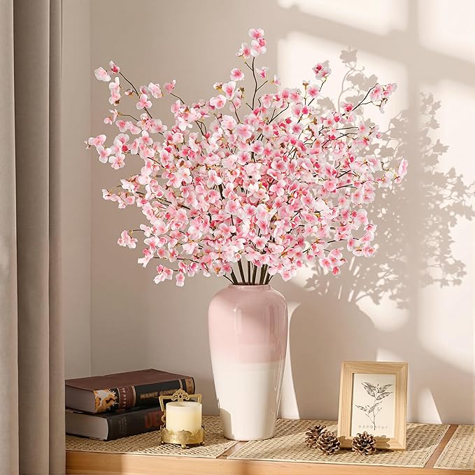 Uieke Silk Cherry Blossom Branches, 40.5in Artificial Cherry Blossom Flowers Long Stems Fake Flowers Vase Arrangements for Wedding Home Japanese Decor, Set of 8, Pink