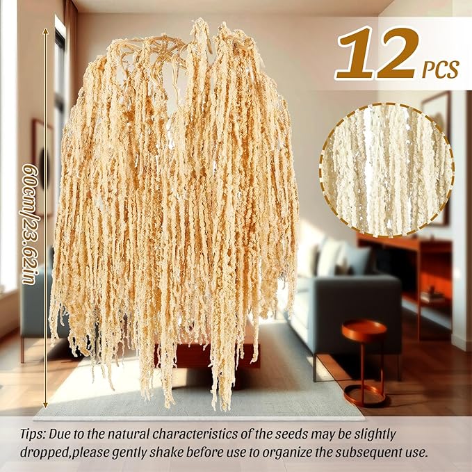 Suncalla 12 Pcs Champagne Spring Natural Dried Amaranthus Hanging Flowers Amaranthus Artificial Flowers for Wedding Arch Bouquet Floral Garland Wall Home Decoration (23 Inch)