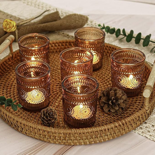 48 Pcs Amber Glass Votive Candle Holders, Tealight Candle Holders for Table Centerpieces, Vintage Candle Holder Bulk, Boho Wedding, Home, Bridal Shower, Birthday Party Table Decor (Amber)