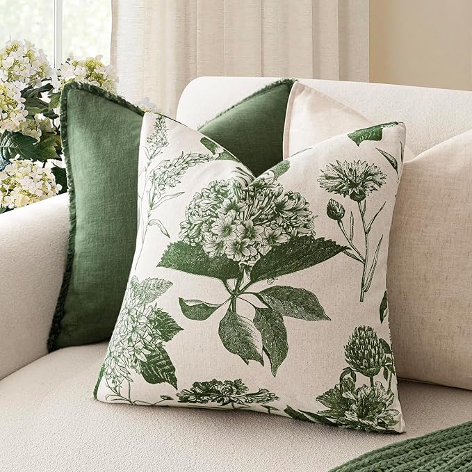 Foindtower Set of 2 Linen Floral Throw Pillow Covers Neutral Vintage Print Decorative Cozy Cushion Covers Farmhouse Boho Home Decor for Sofa Chair Couch Bedroom Living Room,24×24 Inch,Dark Green