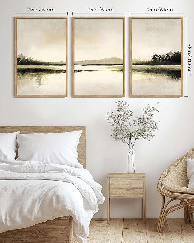 PHOPAGO Abstract Lake Landscape Framed Wall Art Huge 24x36in Watercolor Nature Wilderness Paints Nordic Neutral Tan Illustration Decorative - Natural Framed