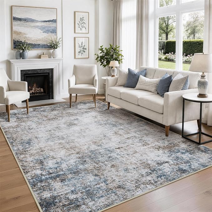 9x12 Area Rugs for Living Room Rug Washable: Abstract Large Rug for Dining Room Bedroom Carpet Non Slip 9 by 12 Indoor Modern Nursery Home Office White Brown Blue