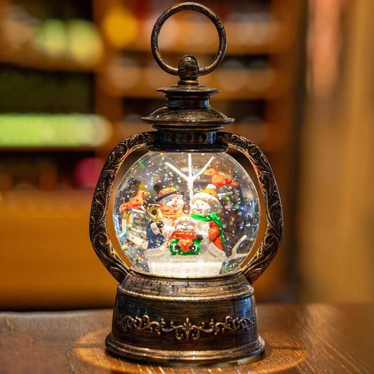 Christmas Snow Globe Lantern Water Glittering Snowman with Music, USB Lined/Battery Operated Lighted Lantern for Christmas Festival Decoration Gifts