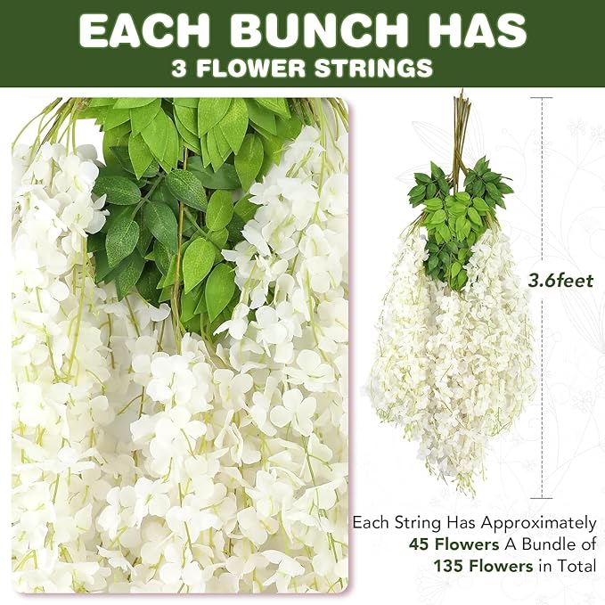 Alotiki Wisteria Hanging Flowers,Fake Hanging Flowers,Wisteria artificiales Garland for Home Wedding Arch Floral Party Garden Ceremony Outdoor Decor,3.6 feet Long(25,White)