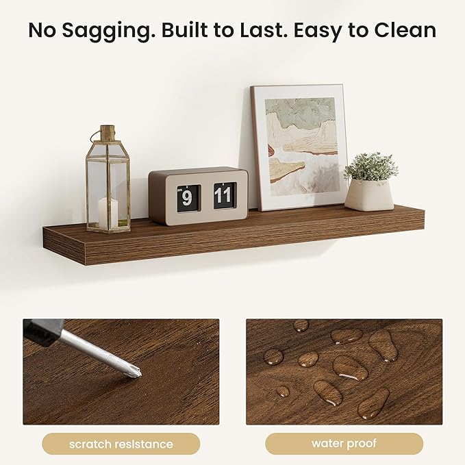 Fun Memories Rustic Wood Floating Shelves for Wall, Space-Saving Wall Mounted Shelves for Bathroom, Bedroom, Living Room and Kitchen, Stylish Storage & Display (Set of 2, Walnut, 30 in)